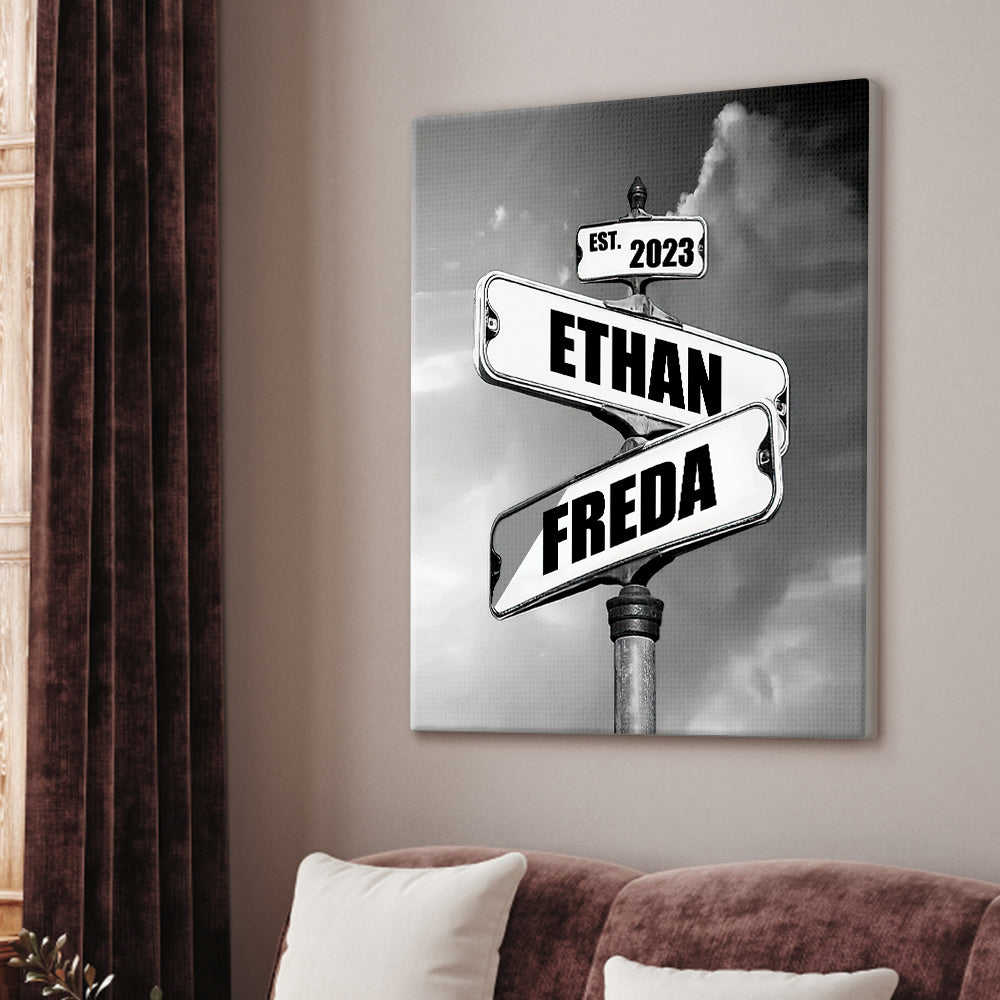 Personalized Name Vintage Crossroad Street Sign Canvas Anniversary Gift