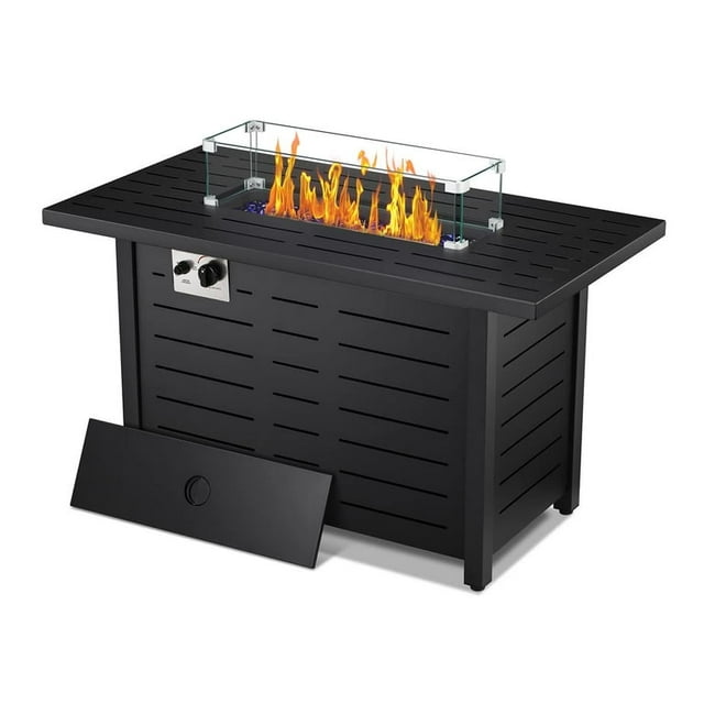 KISSAIR 43'' Outdoor Propane Gas Fire Pit Table with Lid, Rain Cover, and Tempered Glass Wind Guard