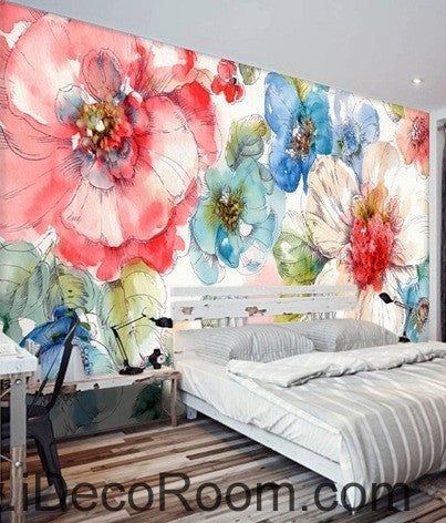 Watercolor Pink White Camellia Flower Wallpaper Wall Decals for Home Decor