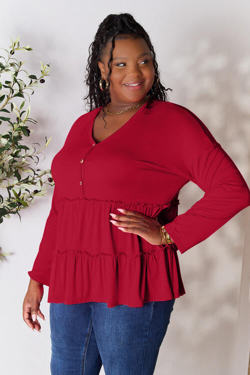 Playful Beauty Half Button Long Sleeve Ruffle Hem Top