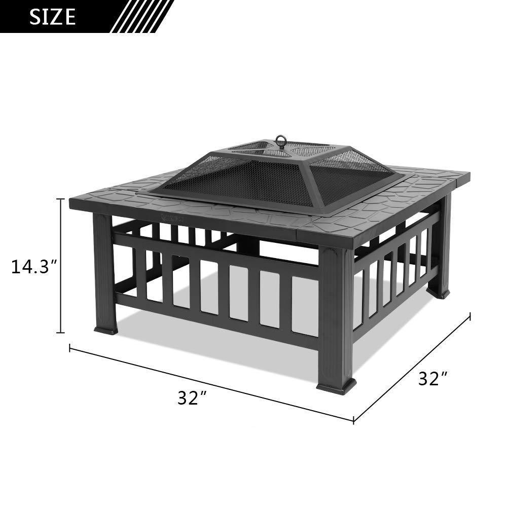 Bonnlo 32” Outdoor Wood Burning Fire Pit Table with Mesh Spark Screen and Poker