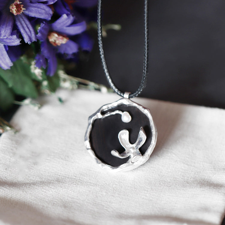 Handmade Ebony and Pearl Pendant Long Necklace - Unique Jewelry for Women & Men