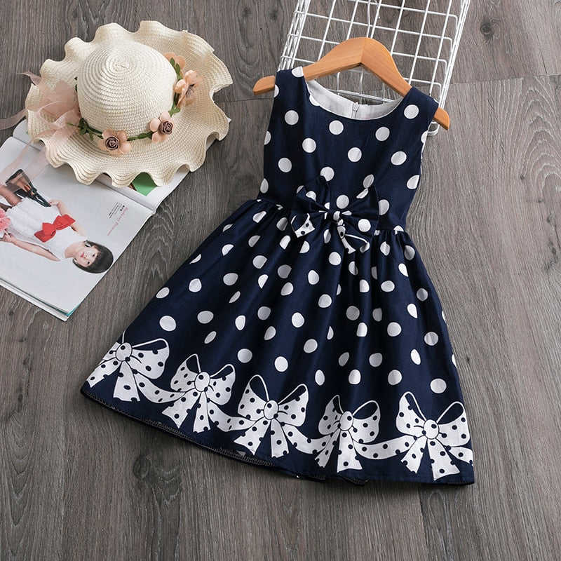 Girls Summer Dress with Bowknot Belt - Soft Cotton Polka Dot Casual Wear for Ages 3-8
