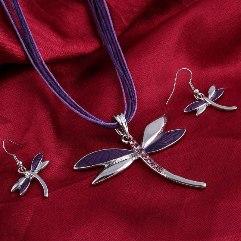 ZOSHI Leather Rope Jewelry Sets For Women - Enamel Dragonfly Pendant Necklace Earrings Sets
