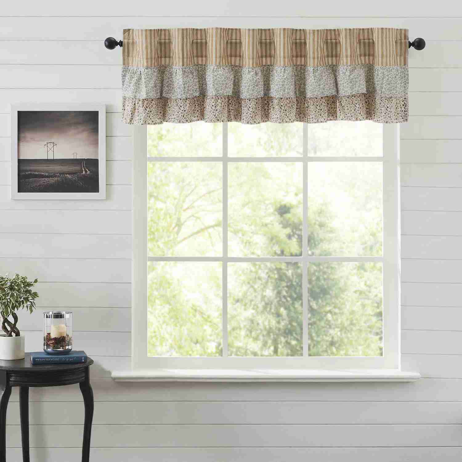 Kaila Ticking Gold Ruffled Valance 16x72 - Vintage Farmhouse Window Decor