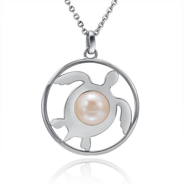 Pearl Honu Medallion Pendant - 925 Sterling Silver with Akoya, Freshwater, or Tahitian Pearl