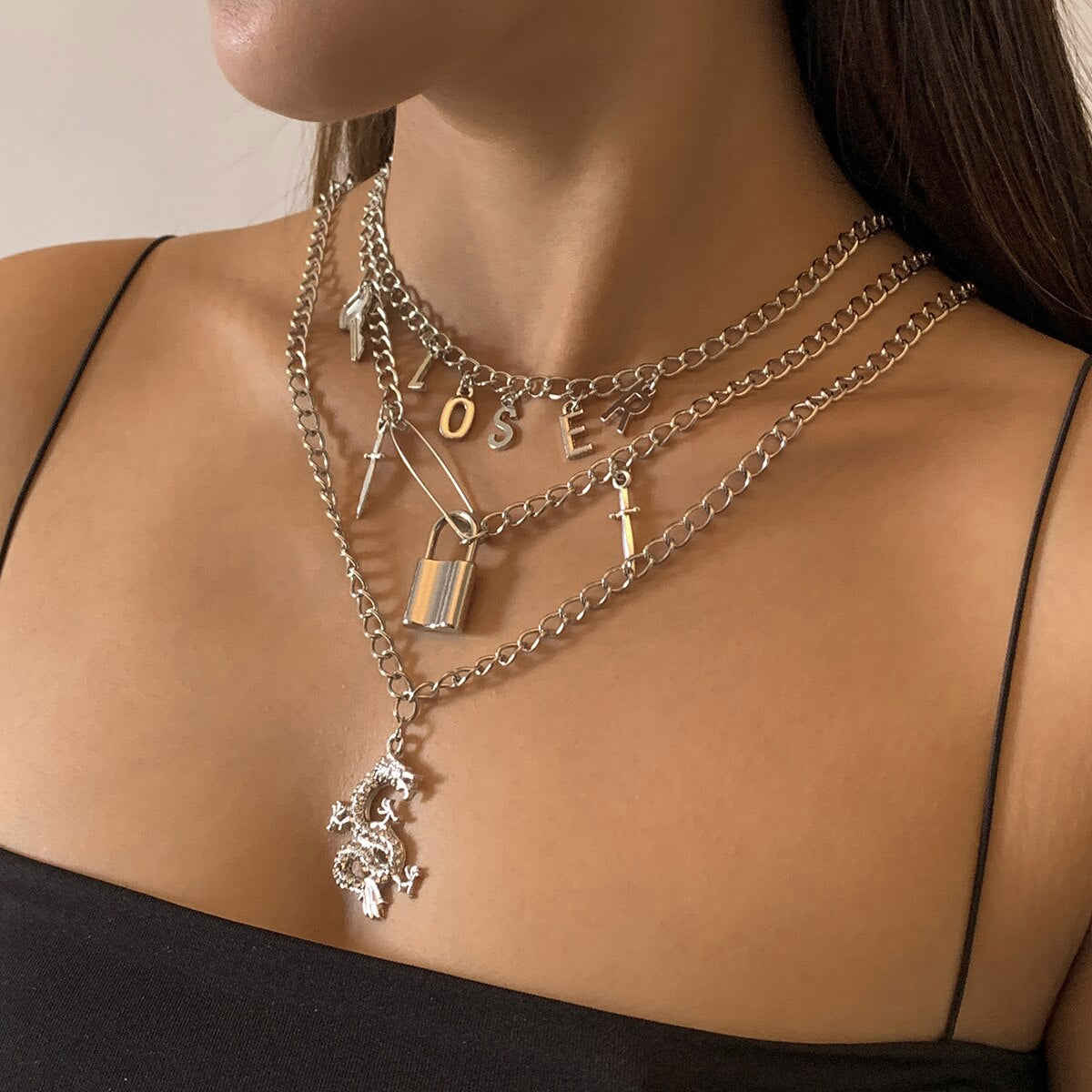 Punk Gothic Crystal Dragon Padlock Pendant Necklace for Women & Men - Gold/Silver Trendy Jewelry