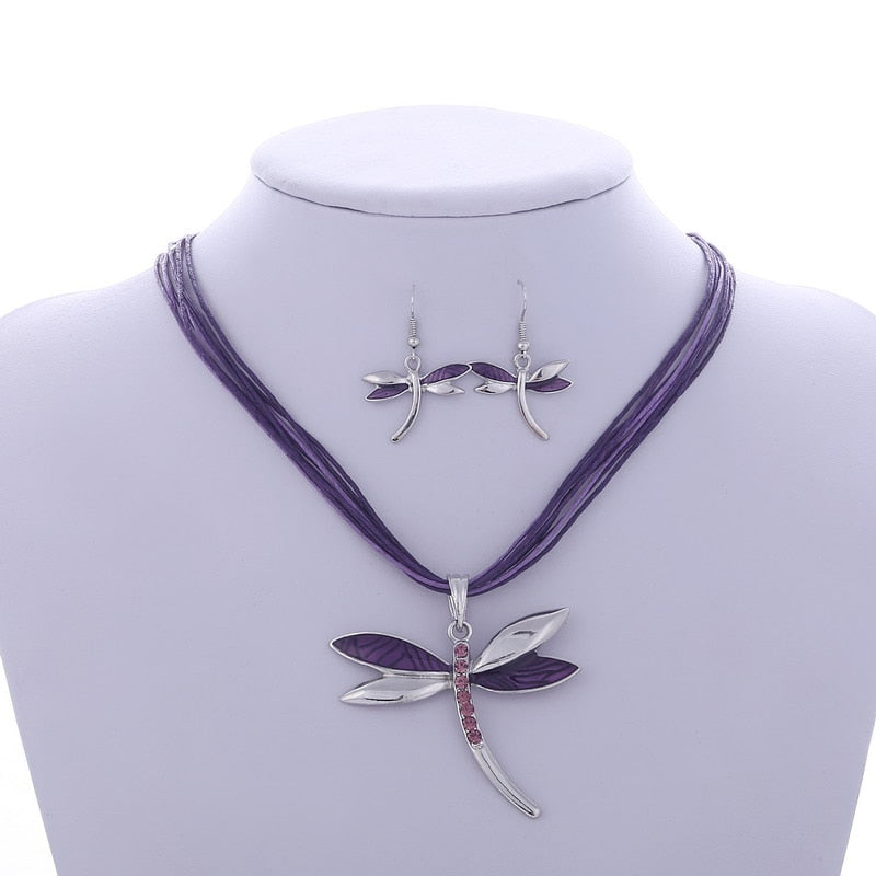 ZOSHI Leather Rope Jewelry Sets For Women - Enamel Dragonfly Pendant Necklace Earrings Sets