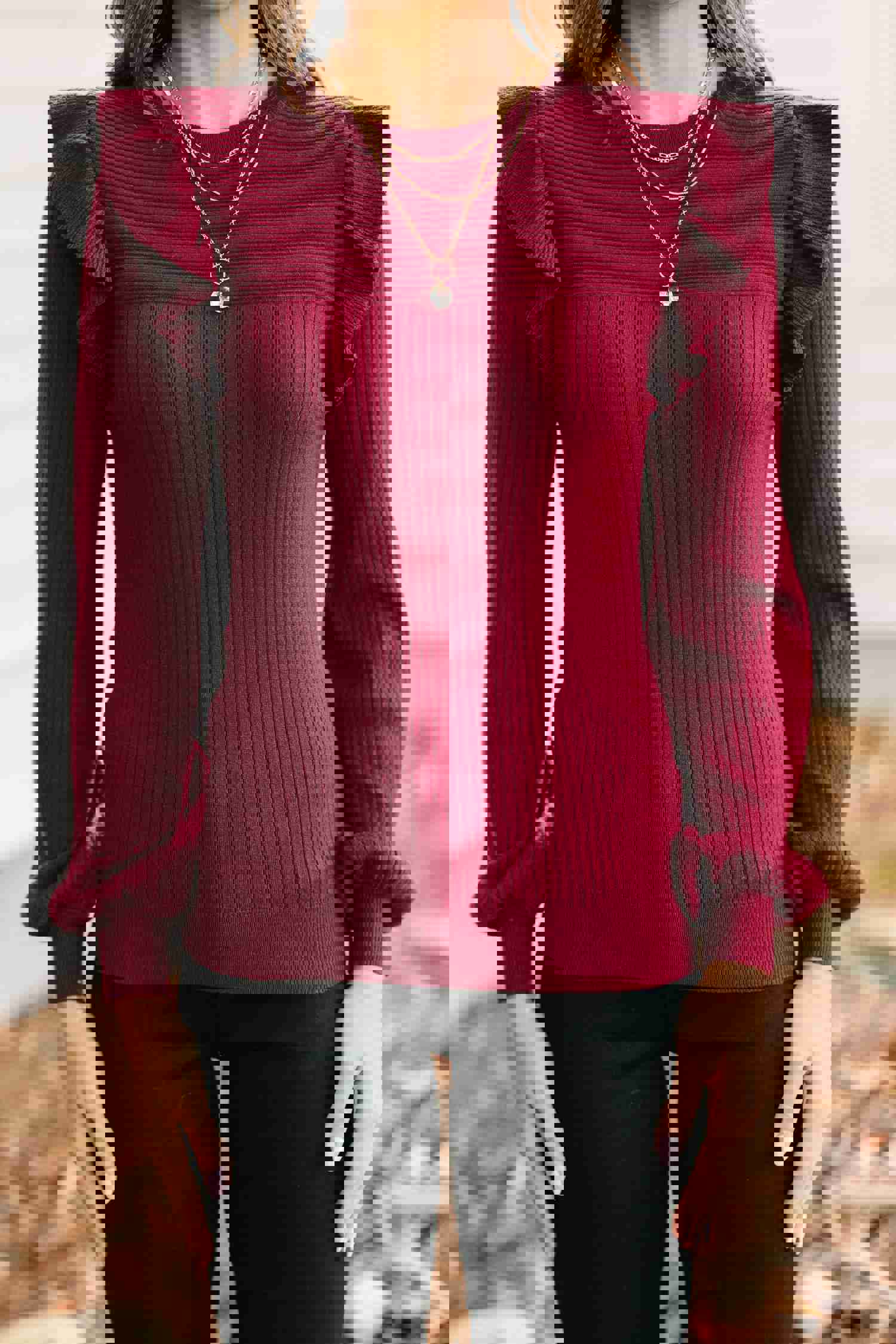 Reach Out Wine Red Ruffled Sweater