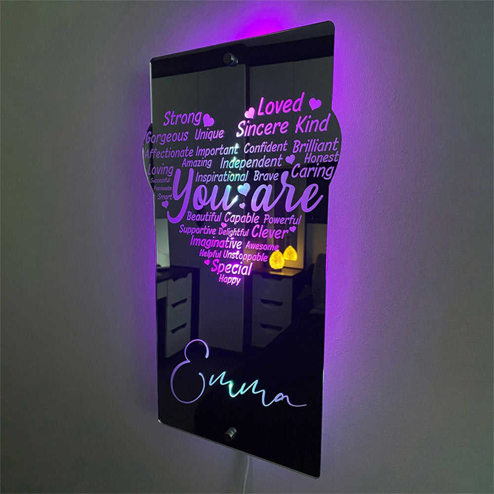 Custom Engraved Affirmation Heart Mirror Light - Colorful Bedroom Lamp for Mothers Day, Anniversary, Birthday Gifts