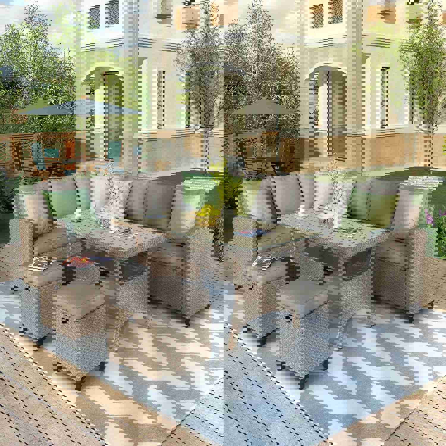 U_STYLE 5-Piece Outdoor Patio Furniture Set with Ottoman and Throw Pillows