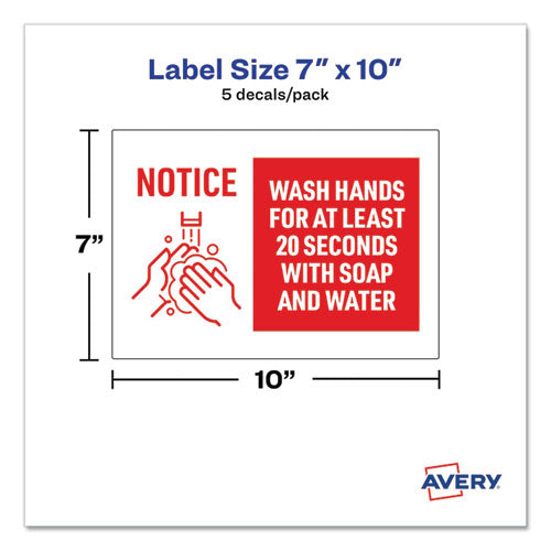 Preprinted Surface Safe Wall Decals, 10 X 7, Wash Hands For At Least 20 Seconds, White/Red Face, Red Graphics, 5/Pack