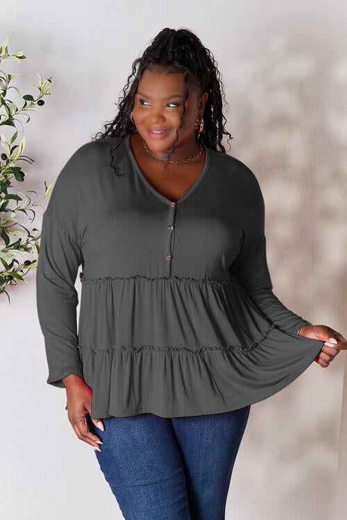 Playful Beauty Half Button Long Sleeve Ruffle Hem Top