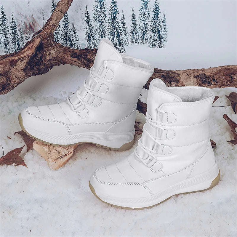 Women's Waterproof Plush Snow Boots with Lace-Up Design for Winter