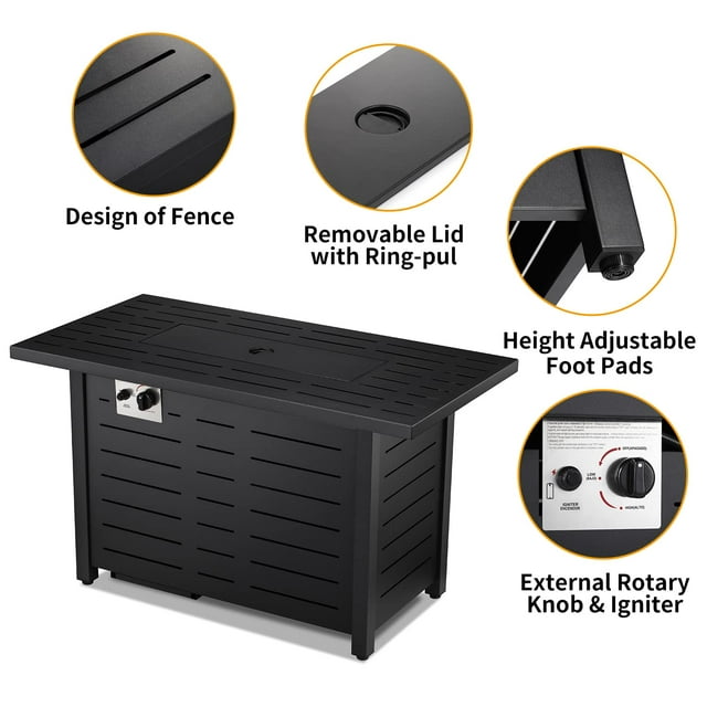 KISSAIR 43'' Outdoor Propane Gas Fire Pit Table with Lid, Rain Cover, and Tempered Glass Wind Guard