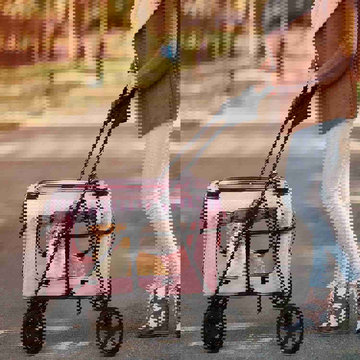 3-in-1 Folding Pet Stroller with Detachable Carrier Bag & Water Cup Holder, Pink