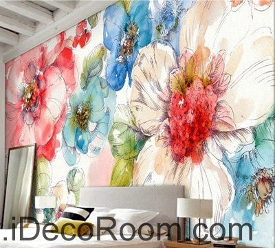 Watercolor Pink White Camellia Flower Wallpaper Wall Decals for Home Decor