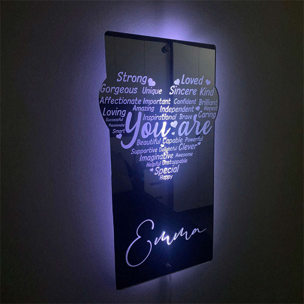 Custom Engraved Affirmation Heart Mirror Light - Colorful Bedroom Lamp for Mothers Day, Anniversary, Birthday Gifts