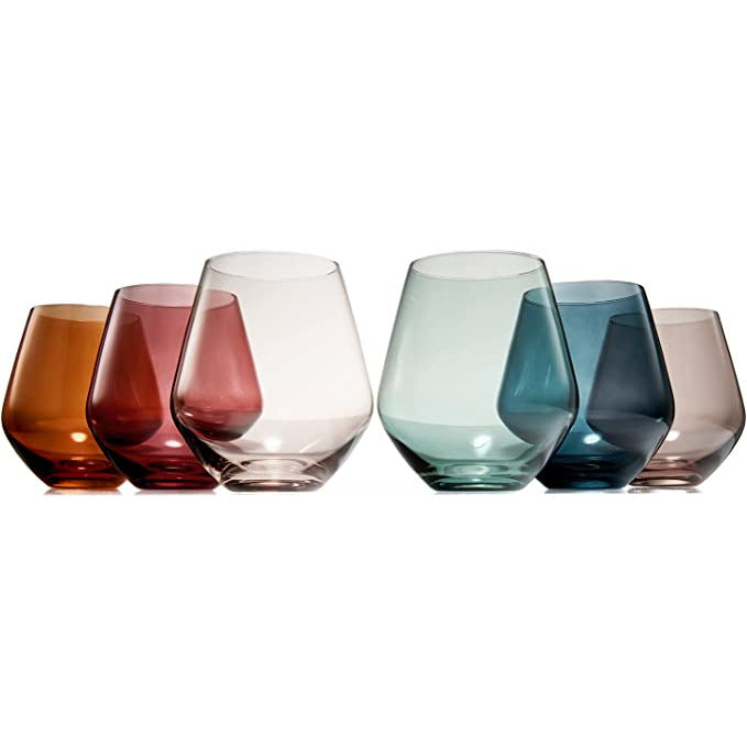 Colored Stemless Crystal Wine Glass Set of 6 - Italian Style, 16 oz, Pastel