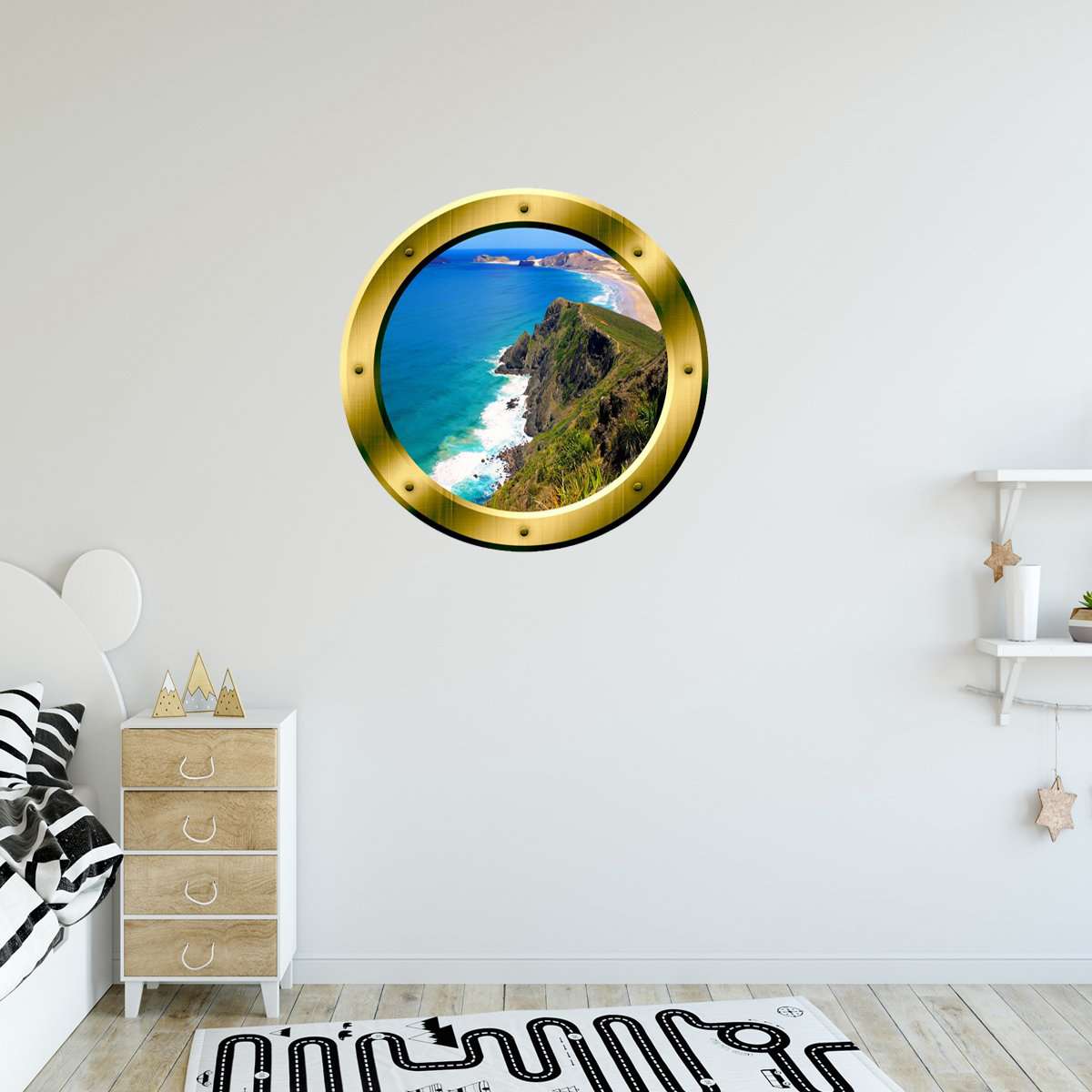 Ocean Cliff Window Gold Porthole Peel and Stick Vinyl Wall Decal
