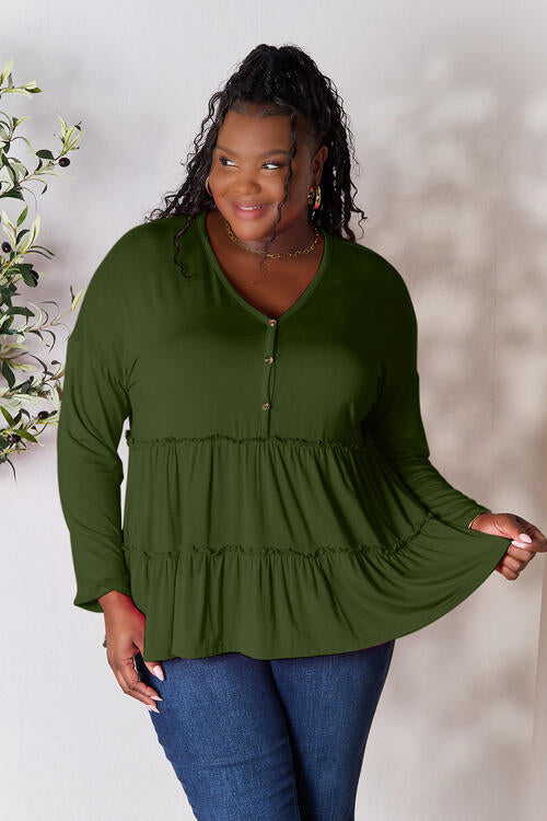 Playful Beauty Half Button Long Sleeve Ruffle Hem Top