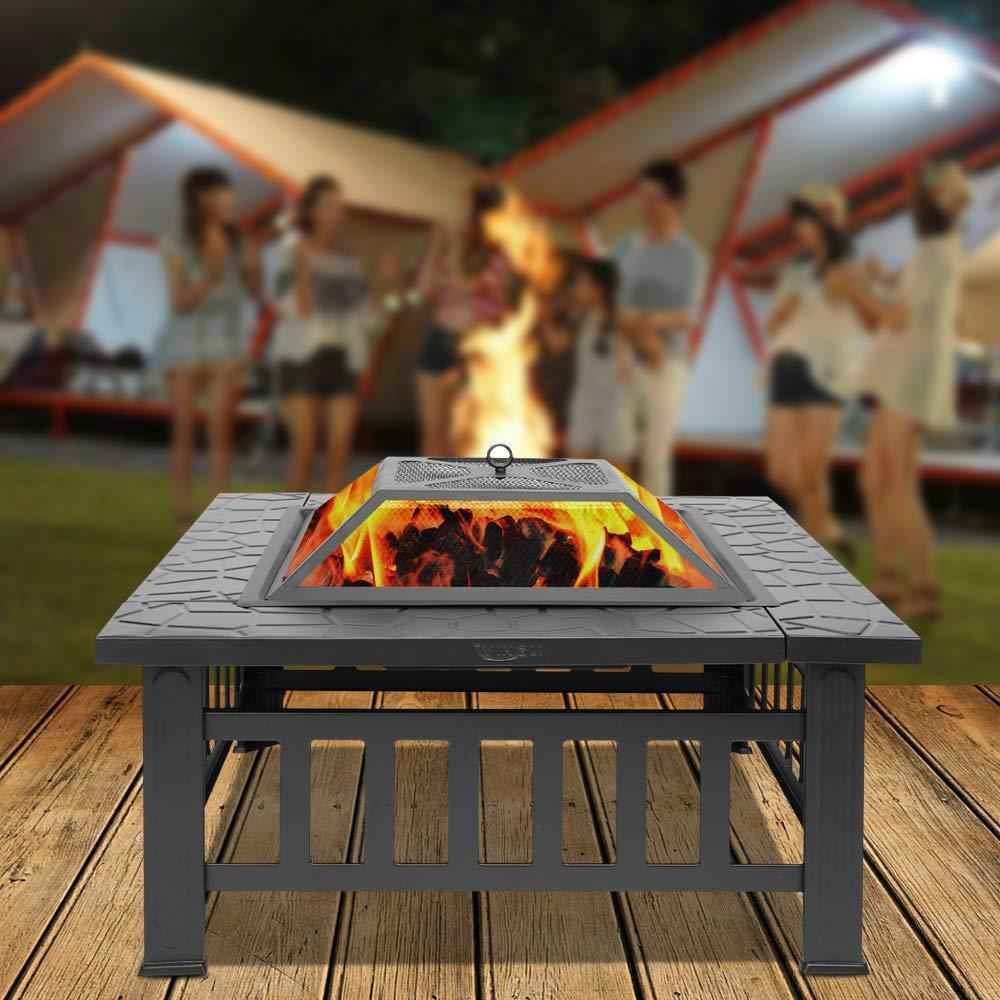 Bonnlo 32” Outdoor Wood Burning Fire Pit Table with Mesh Spark Screen and Poker