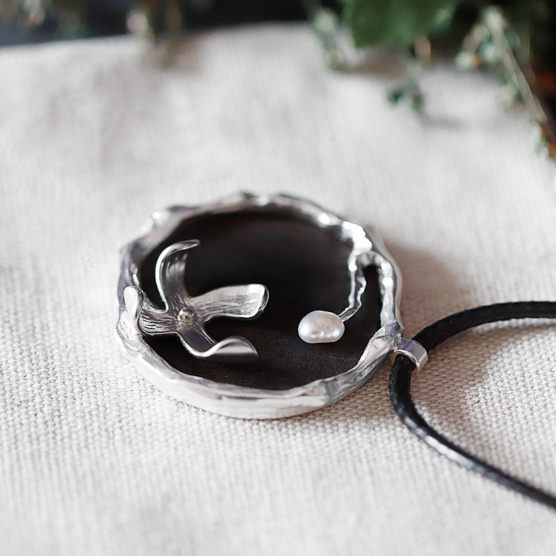 Handmade Ebony and Pearl Pendant Long Necklace - Unique Jewelry for Women & Men