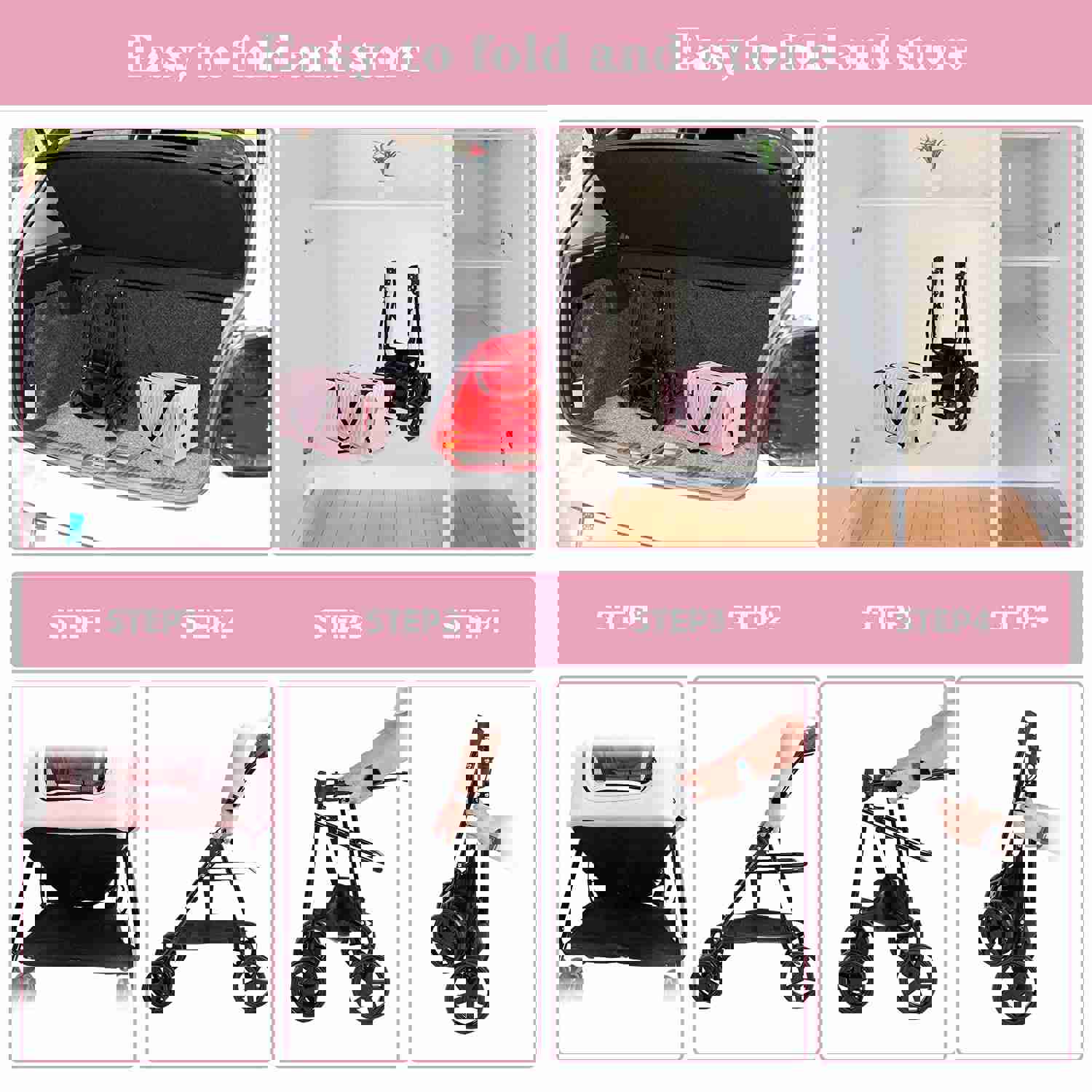 3-in-1 Folding Pet Stroller with Detachable Carrier Bag & Water Cup Holder, Pink