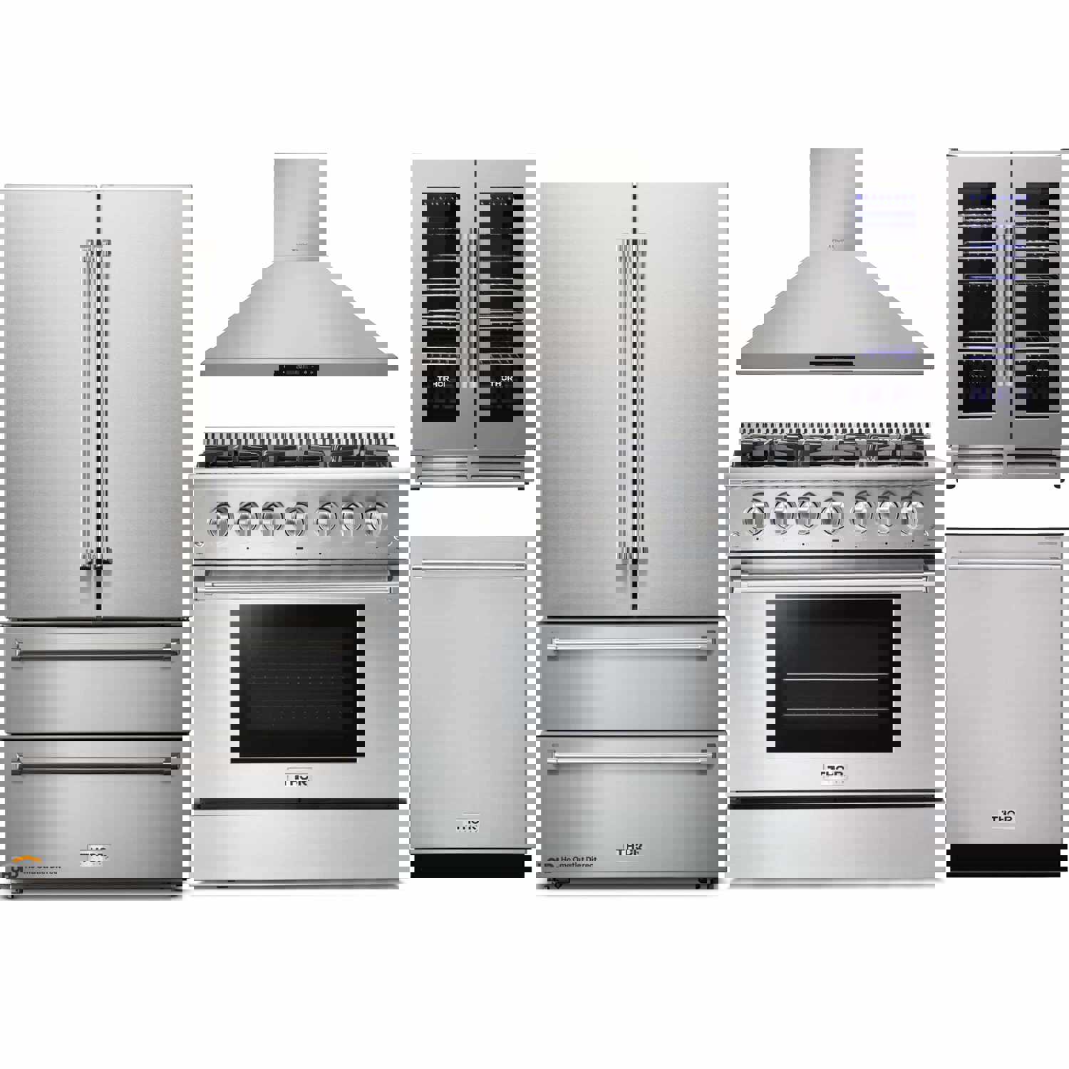 Thor Kitchen 5-Piece Pro Appliance Package - 36-Inch Gas Range, French Door Refrigerator, Wall Mount Hood, Dishwasher, and Wine Cooler in Stainless Steel