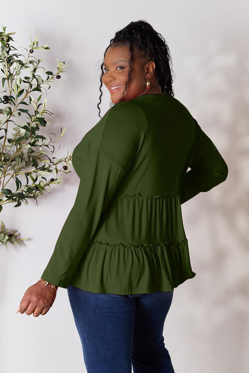 Playful Beauty Half Button Long Sleeve Ruffle Hem Top