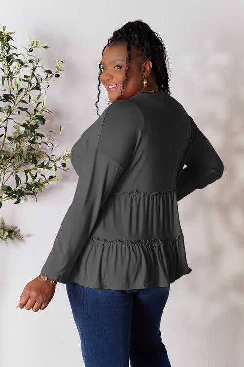 Playful Beauty Half Button Long Sleeve Ruffle Hem Top