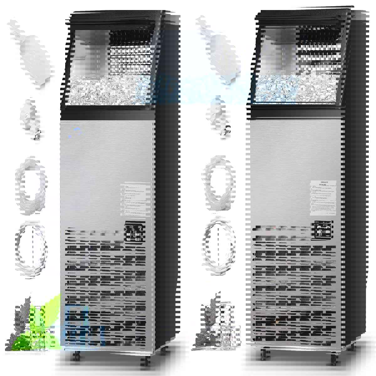 110LBS/24H Commercial Ice Maker with 33LBS Storage Capacity, Free-Standing Ice Machine