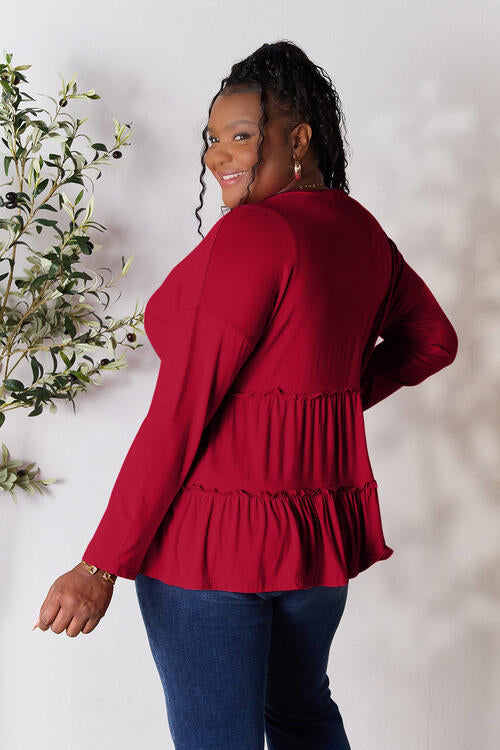 Playful Beauty Half Button Long Sleeve Ruffle Hem Top