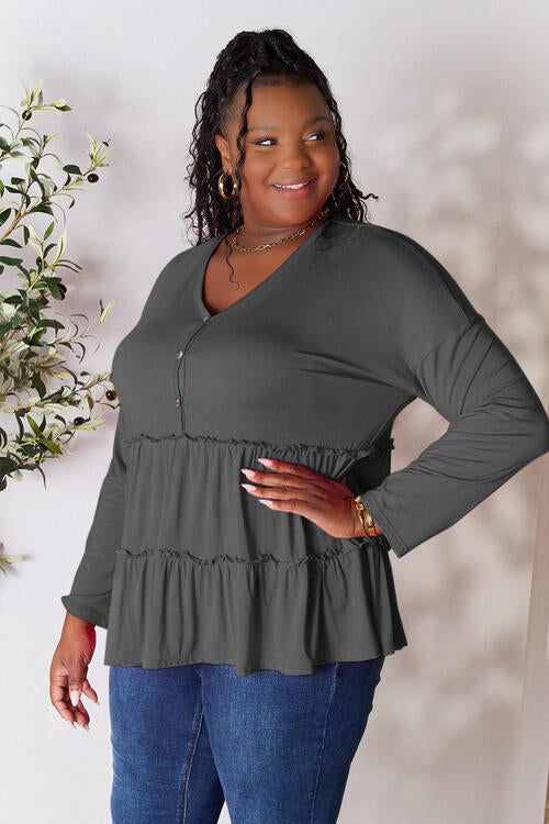 Playful Beauty Half Button Long Sleeve Ruffle Hem Top