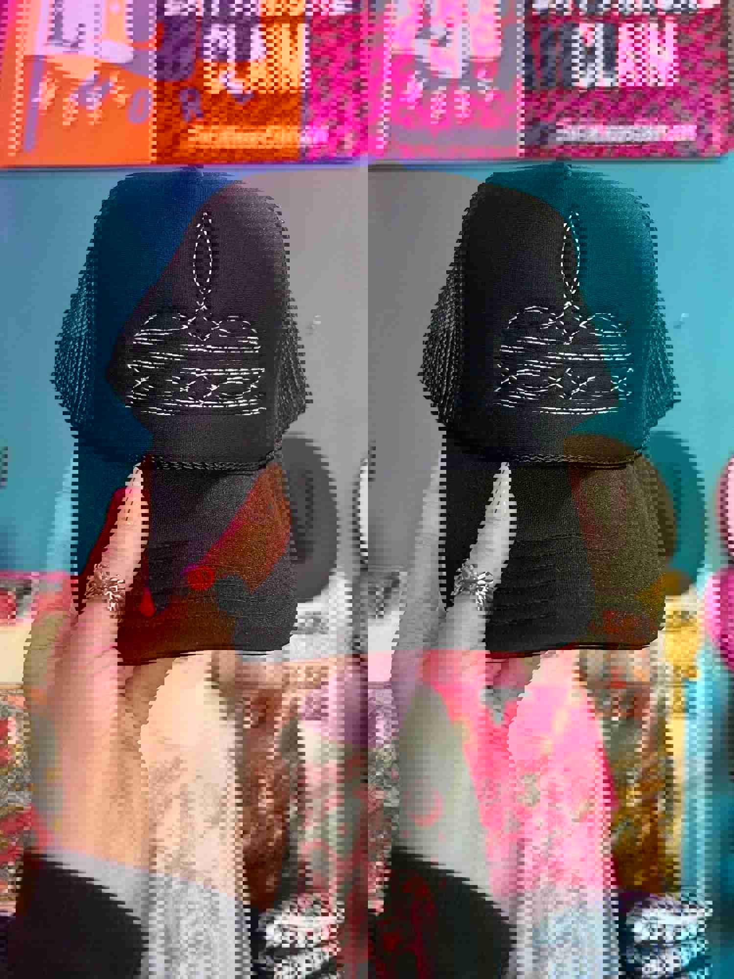 Embroidered Western Boot Stitch Black Trucker Hats (Made to Order)