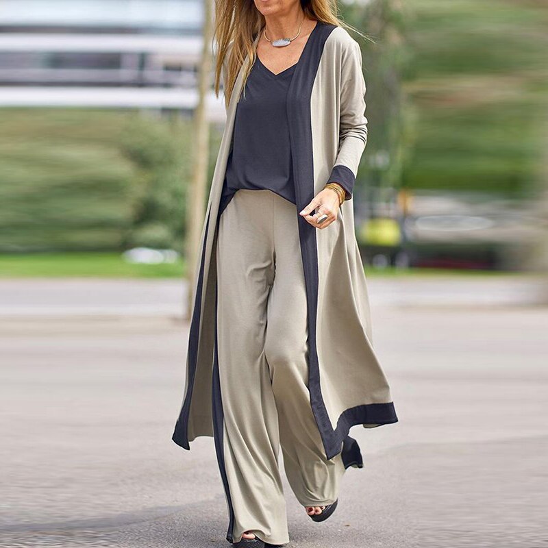 Anokhinaliza Casual Women's 3-Piece Long Cardigan & Sling Tops & Loose Pants Set - Elegant Patchwork Streetwear