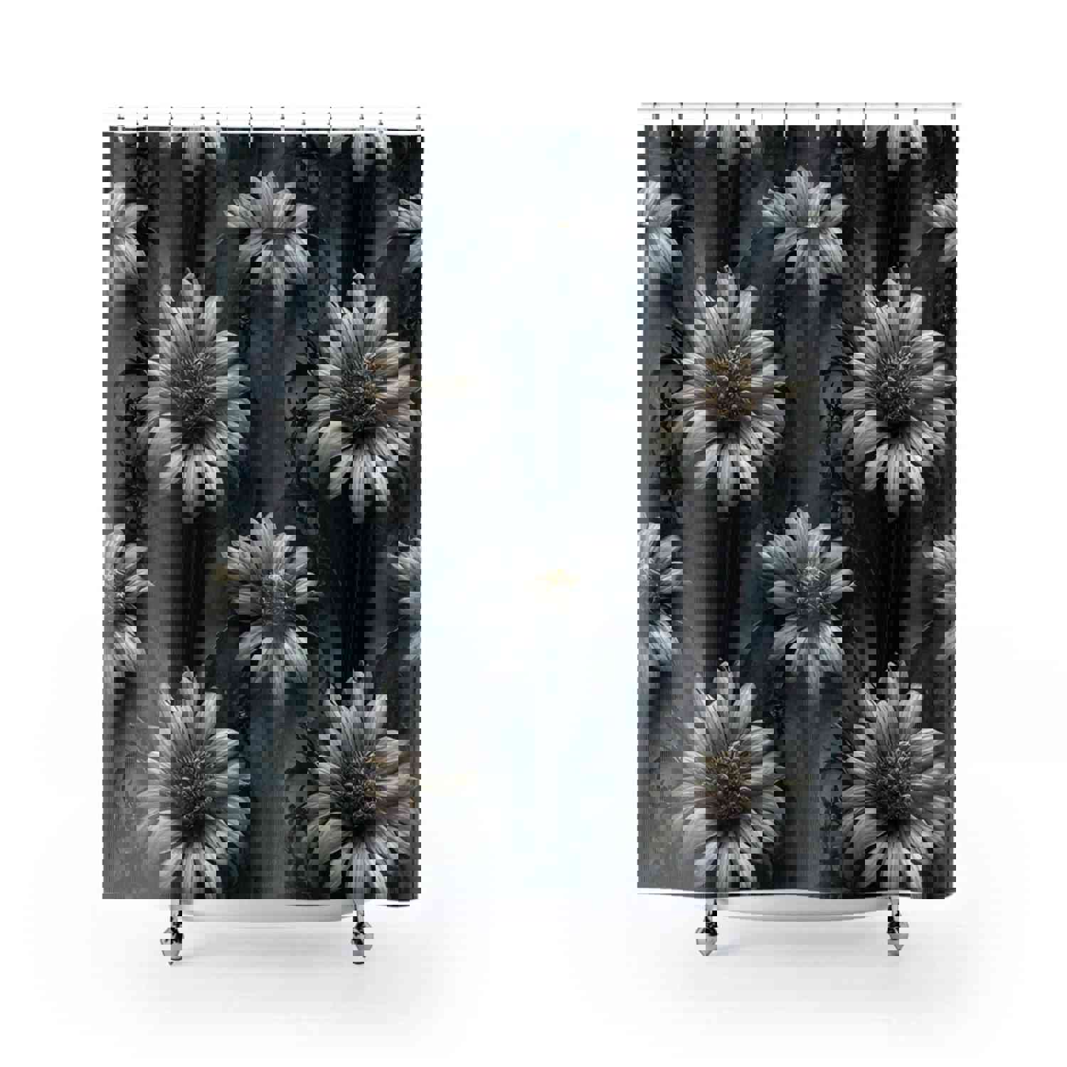 Gothic Shower Curtain - Black Floral Design for Dark Botanical Bathroom Decor