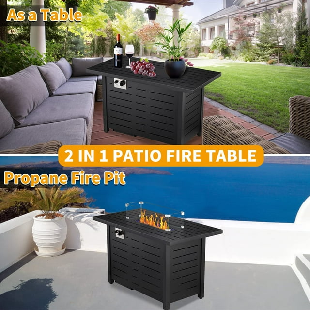 KISSAIR 43'' Outdoor Propane Gas Fire Pit Table with Lid, Rain Cover, and Tempered Glass Wind Guard