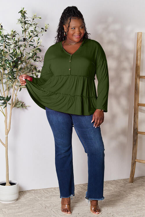 Playful Beauty Half Button Long Sleeve Ruffle Hem Top