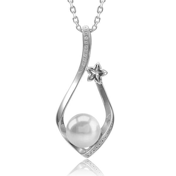 Pearl Plumeria Branch Pendant - 925 Sterling Silver with Pearl & Topaz