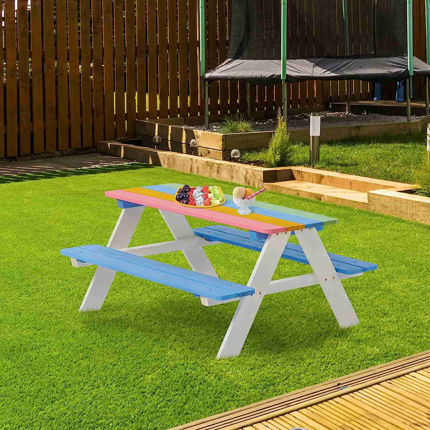 BTExpert Kids Picnic Table Bench for Outdoor, Wooden Table Chair Set for Kids Activity and Sensory Play - Multicolor