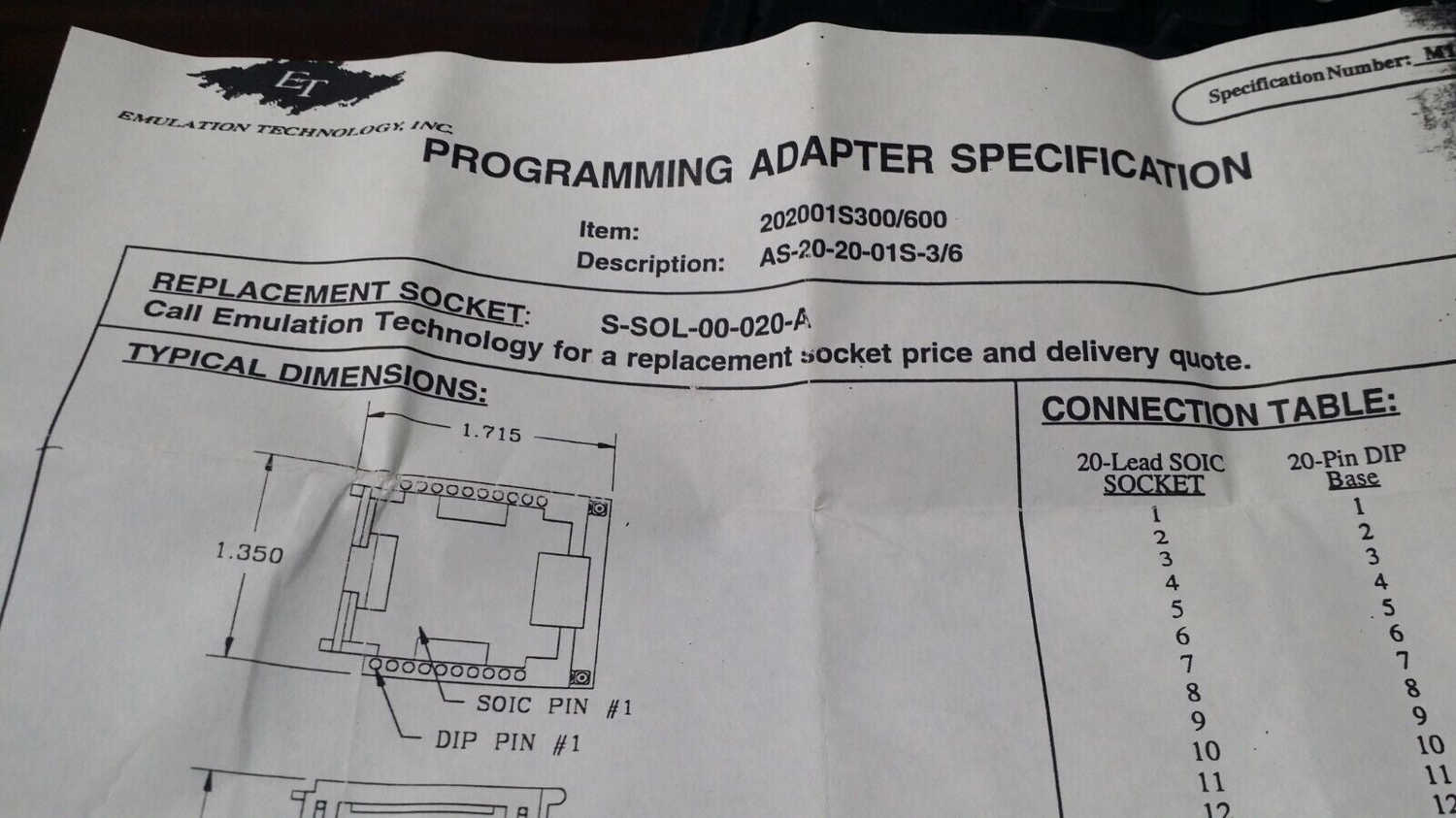 202001S300 Emulation Technology Adaptor Socket AS-20-20-01S-3/6
