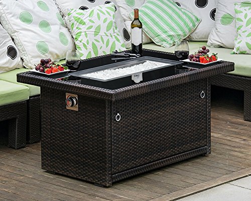 Outland Fire Table, Aluminum Frame Propane Fire Pit Table with Black Tempered Glass Tabletop Resin Wicker Panels & Arctic Ice Glass Rocks, Auto-ignition (Espresso Brown/Rectangle)