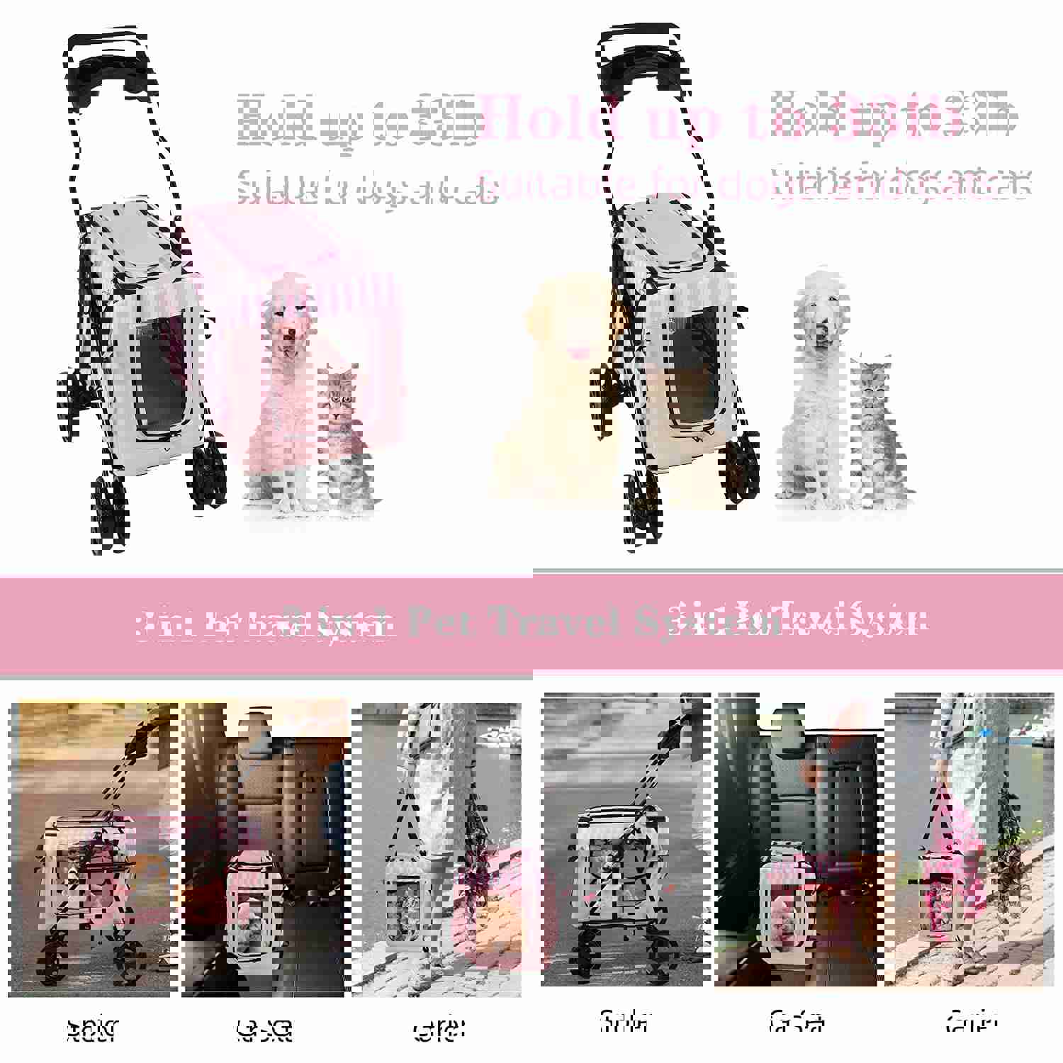 3-in-1 Folding Pet Stroller with Detachable Carrier Bag & Water Cup Holder, Pink