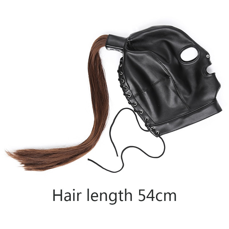 Latex Unisex Hood Mask - Sexy PU Leather Masks for Men & Women - Cosplay Flirting Hair Ponytail Chest Belt Headgear