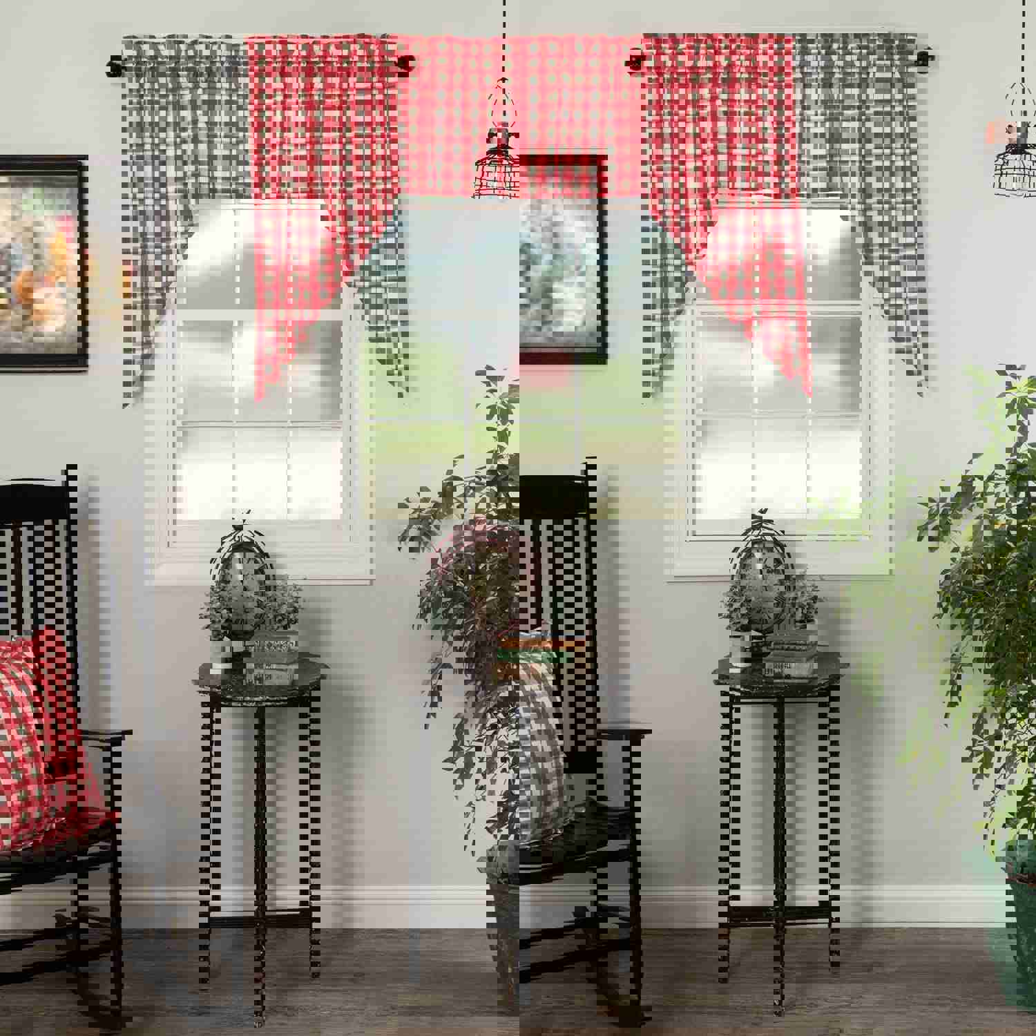 VHC Annie Buffalo Check Curtain Swag Set - Red Farmhouse Country Style (72 x 36 Inches)