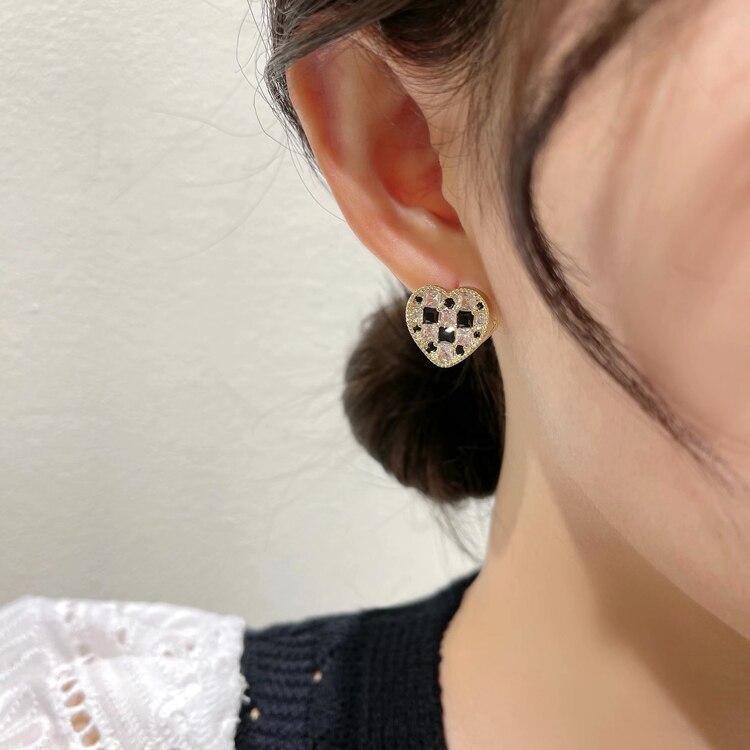 Copper Inlaid Black White Zircon Love Double-Sided Acrylic Earrings for Women's Wedding Party