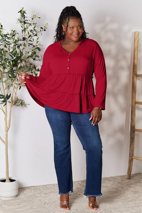 Playful Beauty Half Button Long Sleeve Ruffle Hem Top