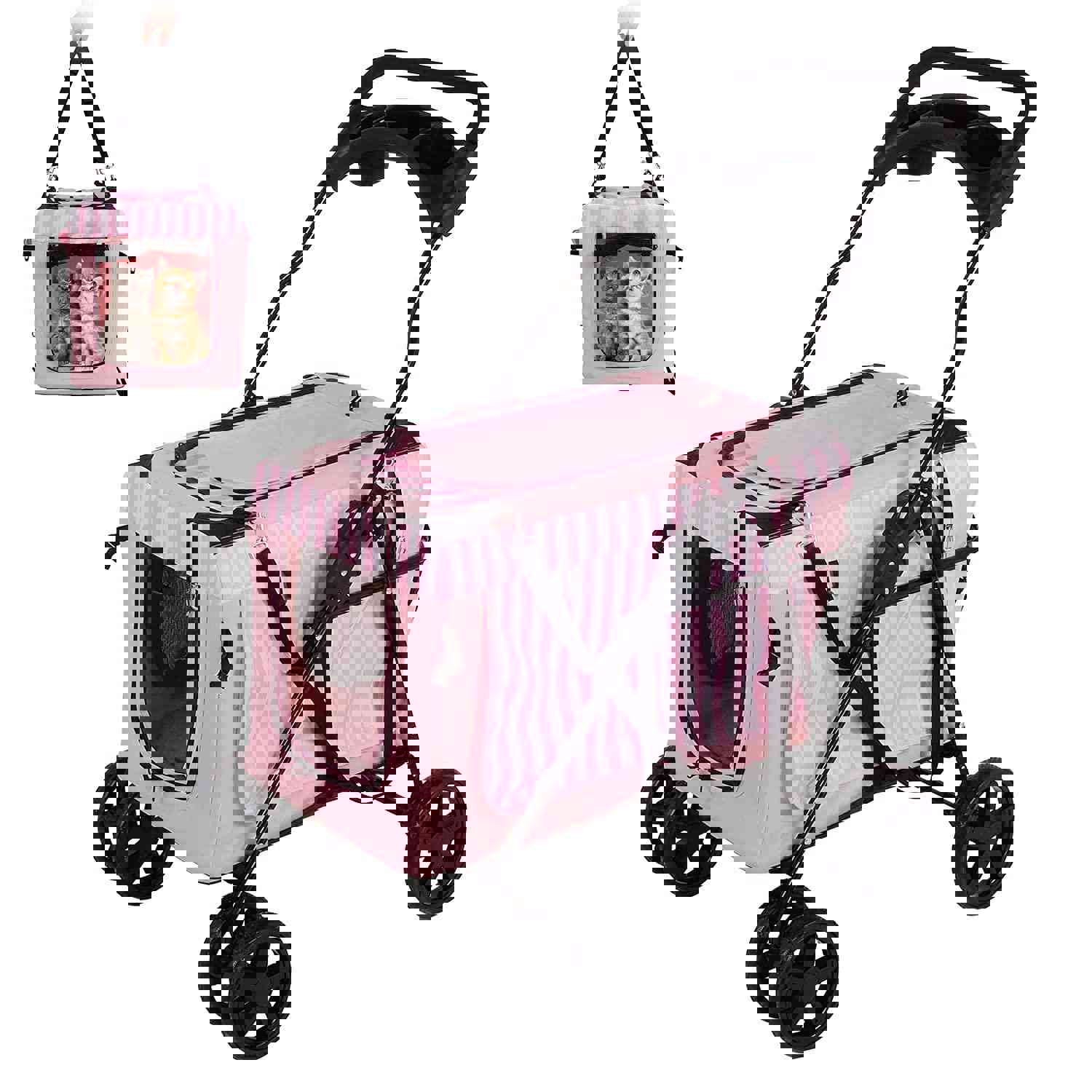 3-in-1 Folding Pet Stroller with Detachable Carrier Bag & Water Cup Holder, Pink
