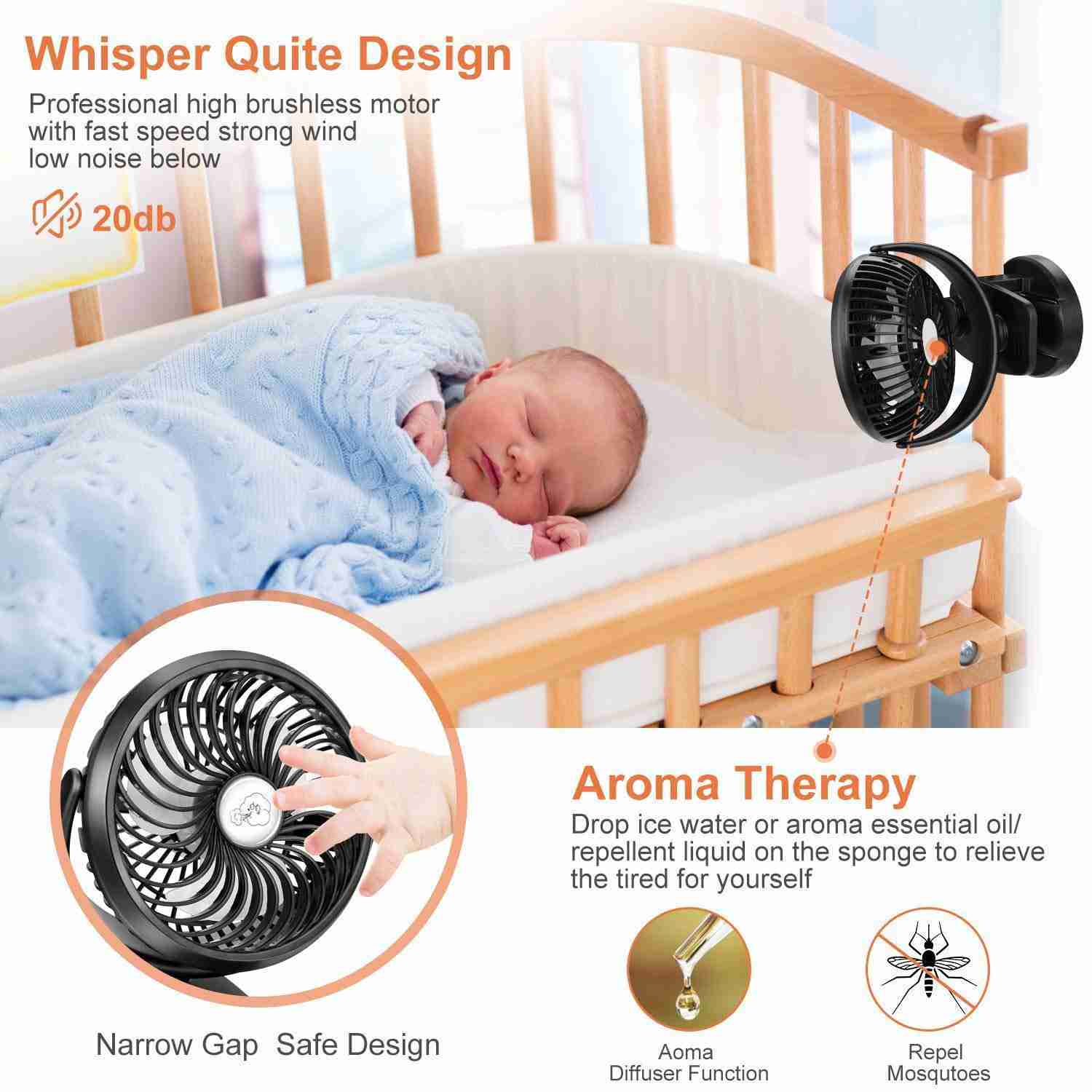 Battery Operated Stroller Fan with Power Bank Function - 4400mAh, 40+ Hours, 360° Rotation
